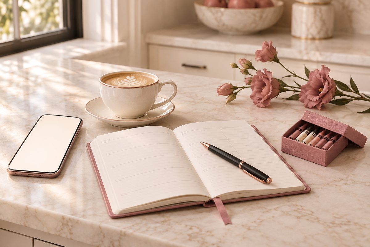 ChatGPT prompts for busy moms: a calm morning counter with a phone, a latte, an open weekly planner, a box of crayons and dusty rose flowers.